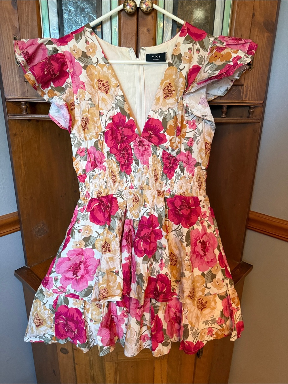 VICI Petal Flora Tiered Floral Mini Dress in Pink - Size Large